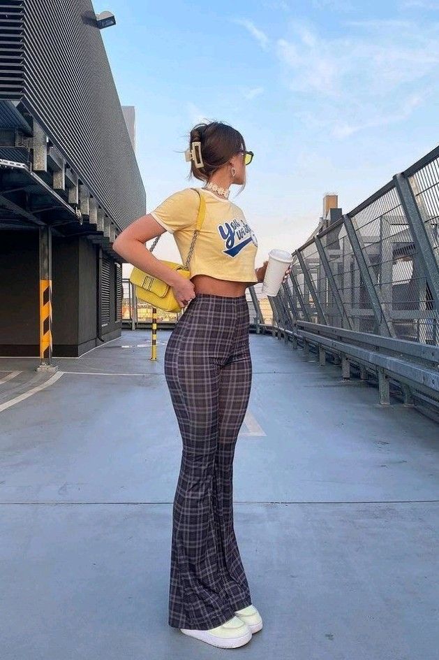 Yellow Crop Top with Plaid Flare Leggings 